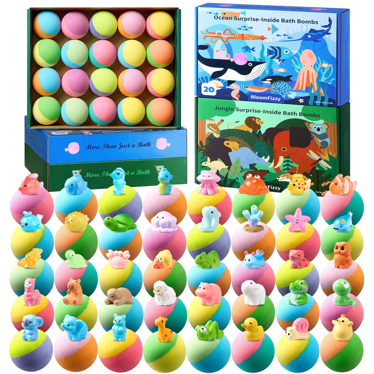 BloomFizzy front packaging showing ocean and jungle themed boxes and colorful design