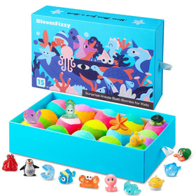 BloomFizzy front packaging showing 15 colorful bath bombs and gift box benefit: ready gifting