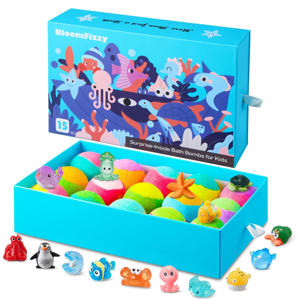BloomFizzy front packaging showing 15 colorful bath bombs and gift box benefit: ready gifting