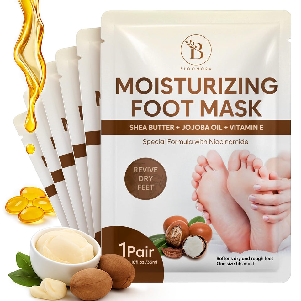 BLOOMORA front packaging showing the hydrating foot mask benefits
