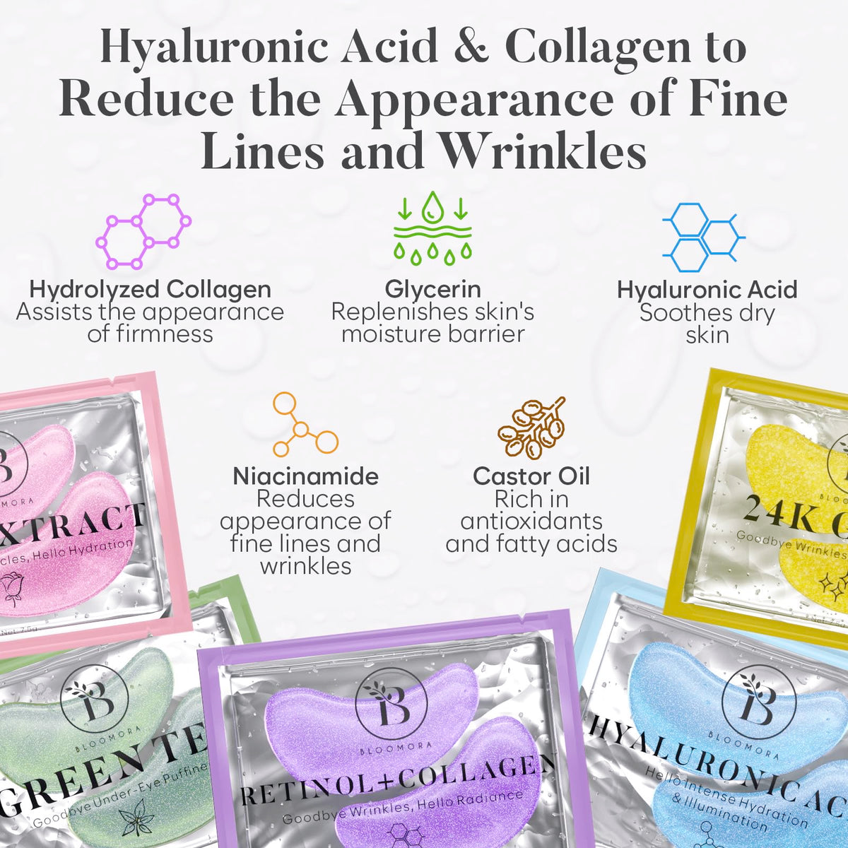 BLOOMORA close-up of a single hydrogel under-eye patch showing smooth texture and glow