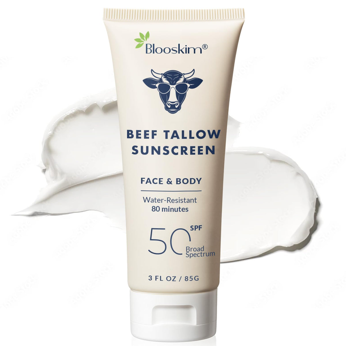 Blooskim front tube showing SPF 50 protection and packaging benefits
