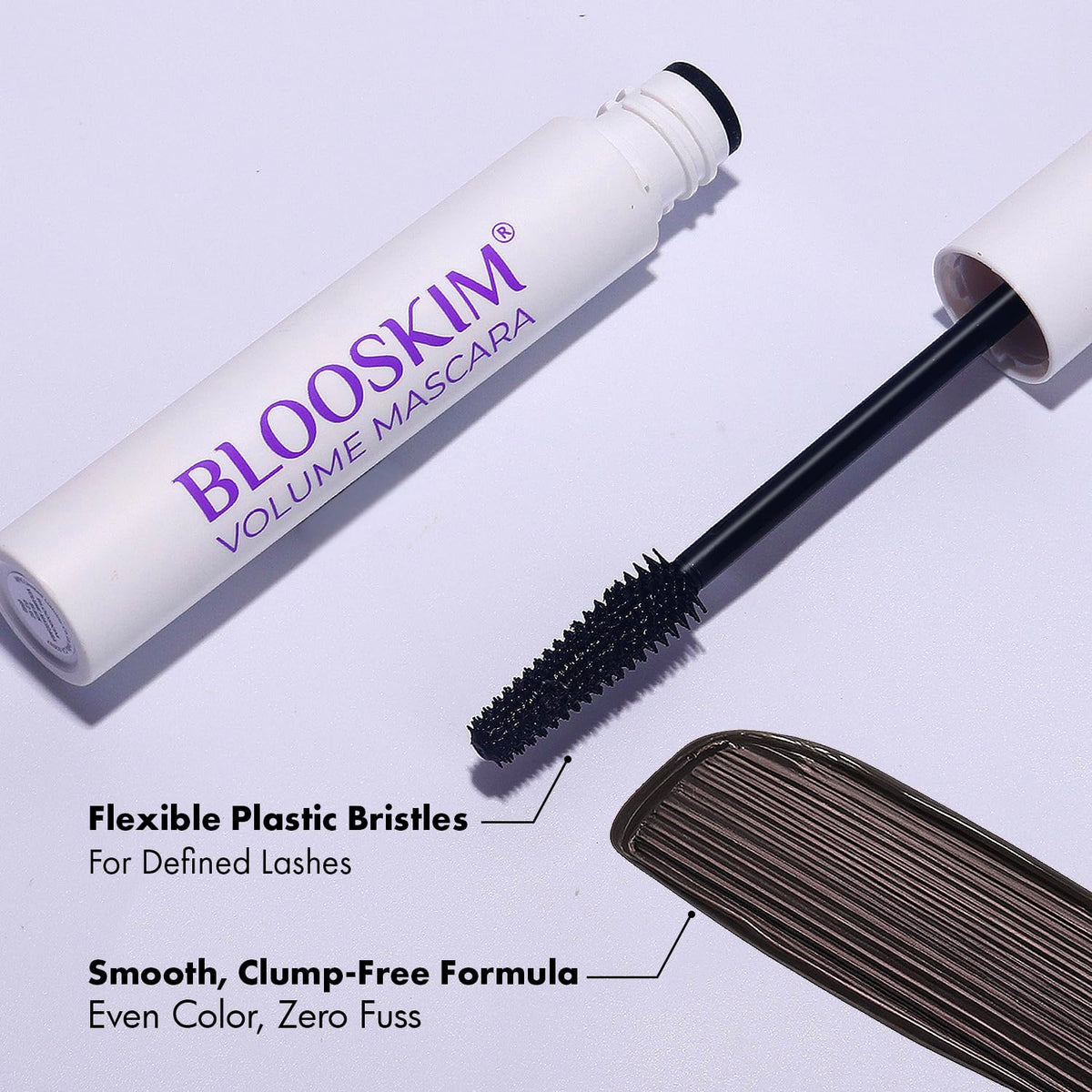 Blooskim mascara texture swatch indicating smooth non-clumping formula
