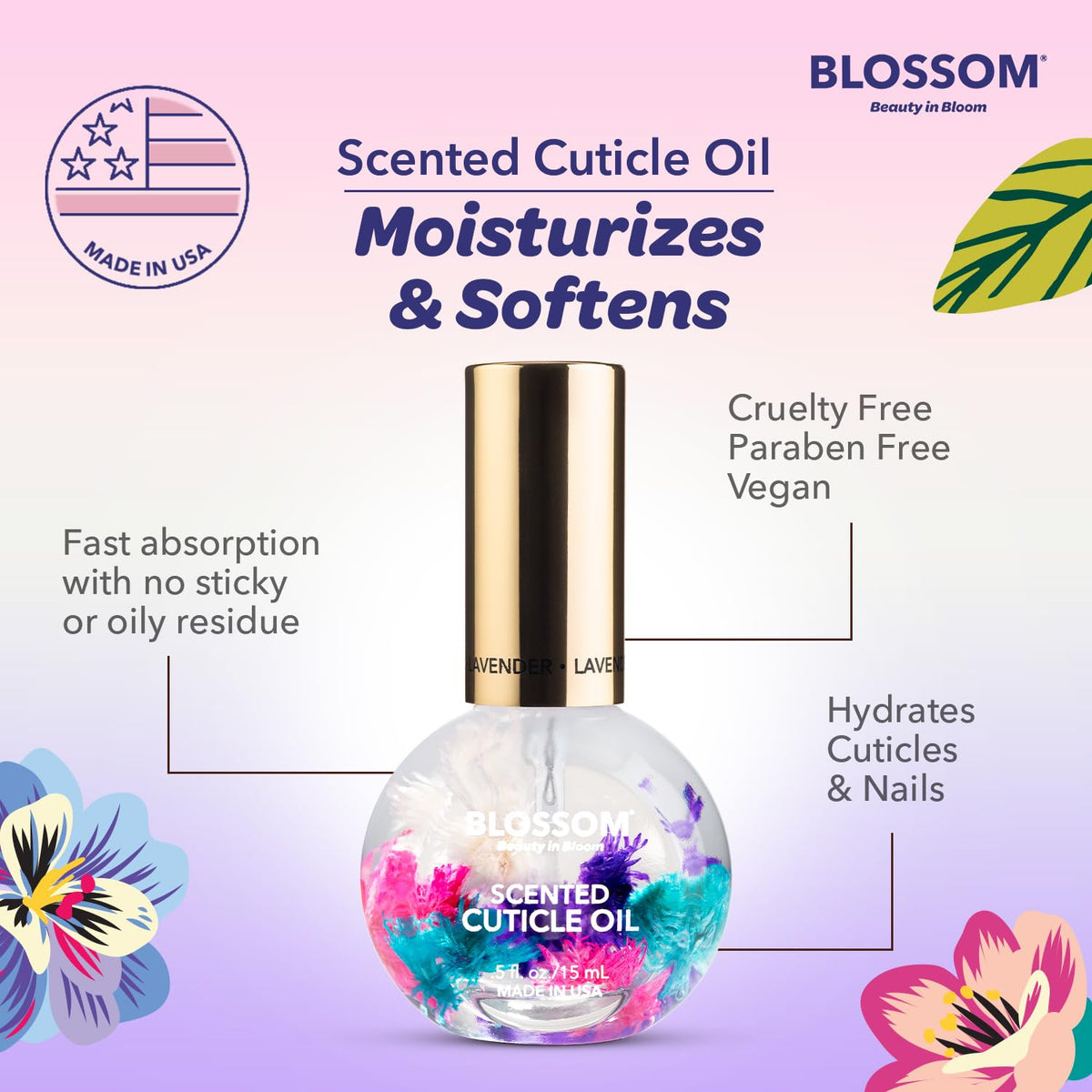 Blossom clear label showing ingredients and cruelty-free certification benefit