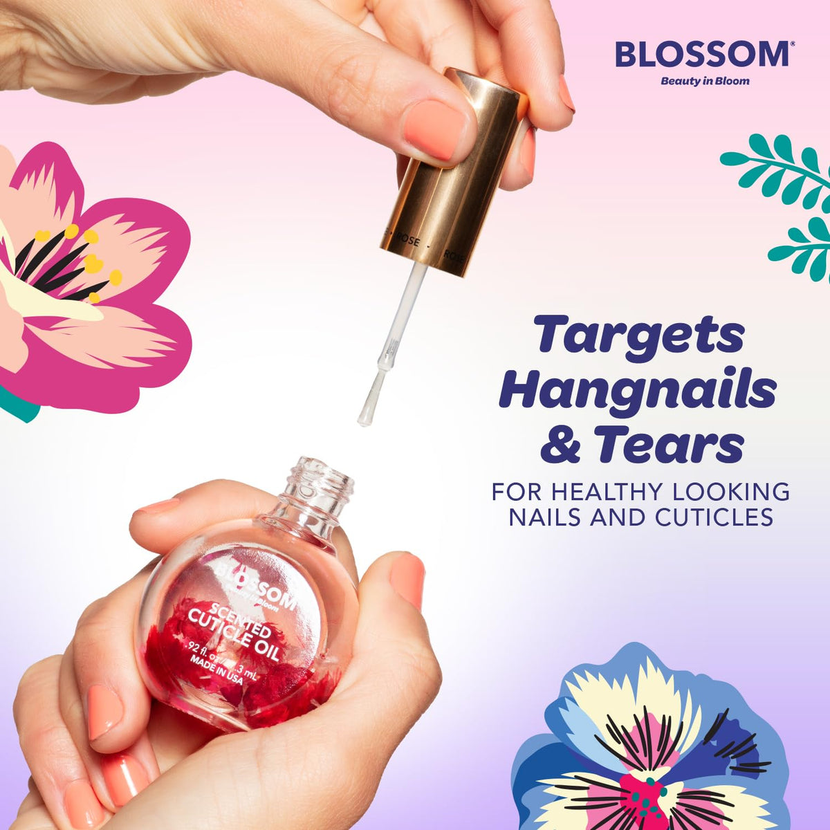 Blossom oil texture drop highlighting quick-absorbing hydrating formula