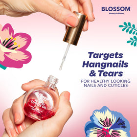 Blossom bottle in hand showing 0.5 fl oz size for travel-friendly nail care