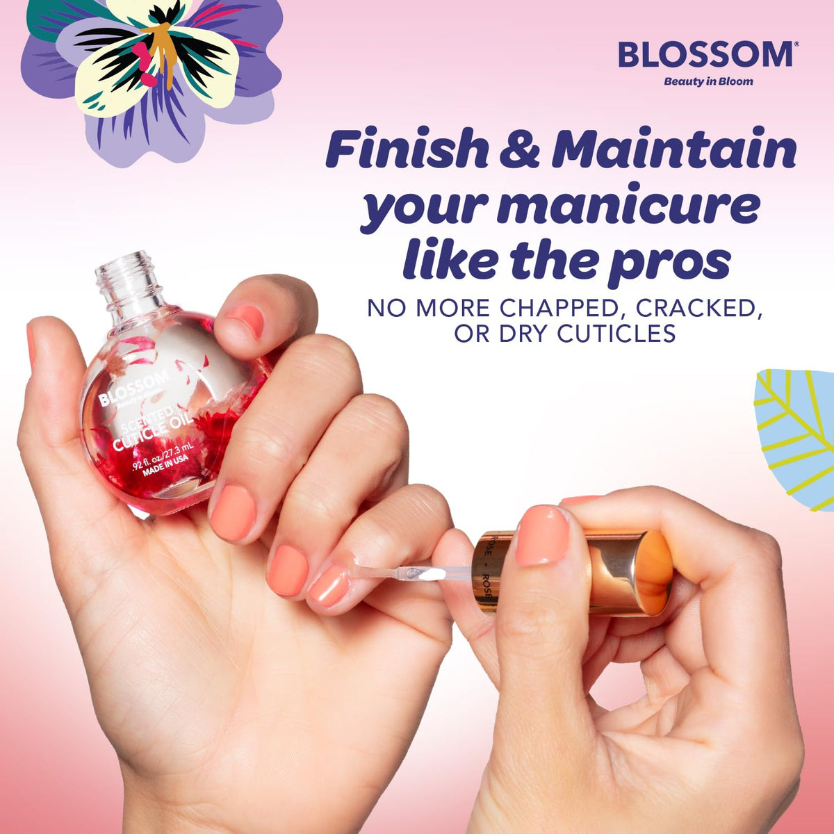 Blossom strawberry being massaged into cuticle for softer, smoother nails