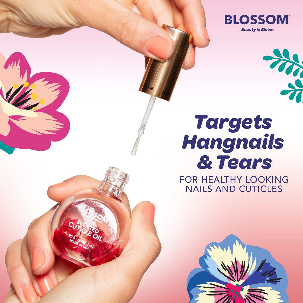 Blossom strawberry bottle next to coin to show compact travel-friendly size