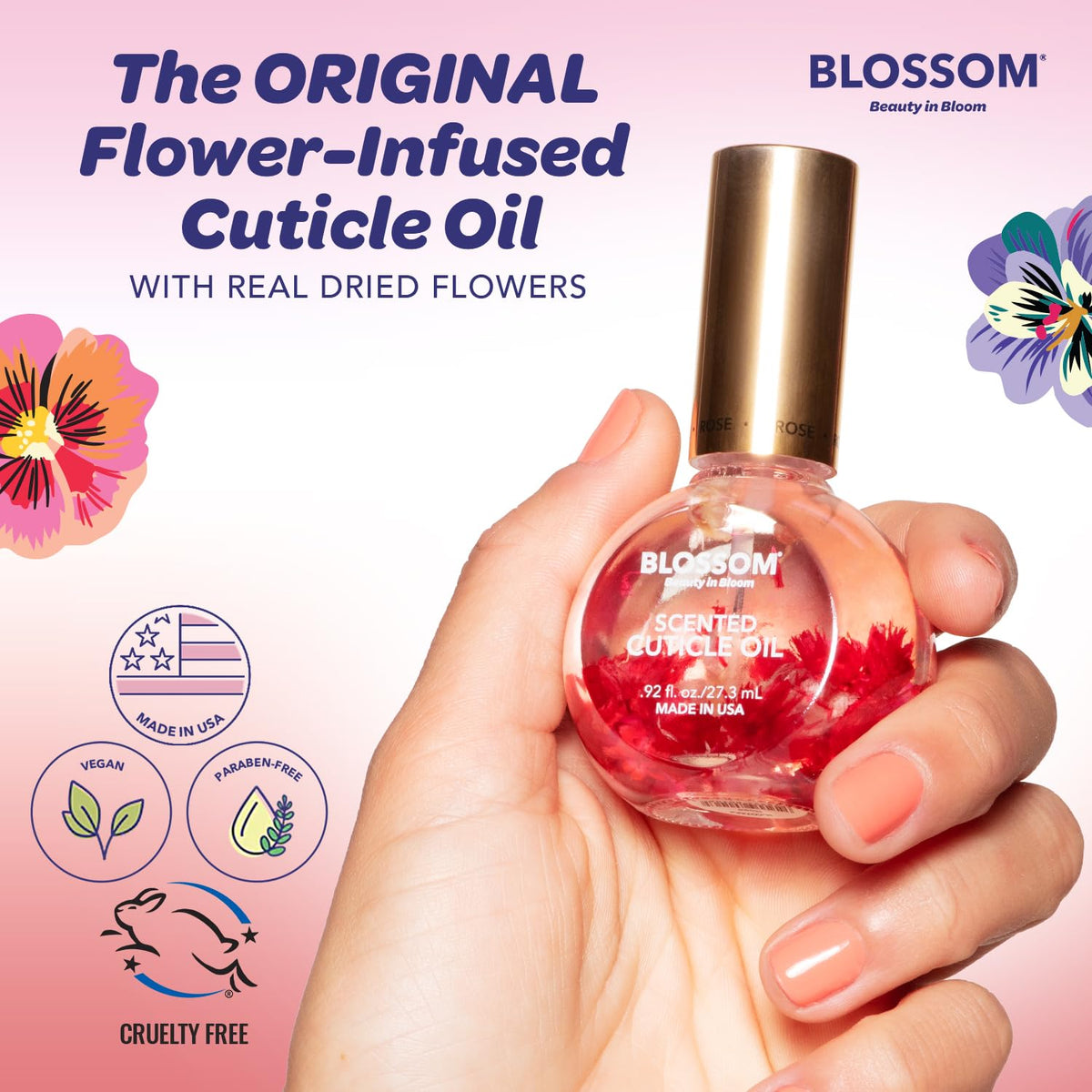 Blossom strawberry dropper dispensing a drop to hydrate cuticles quickly