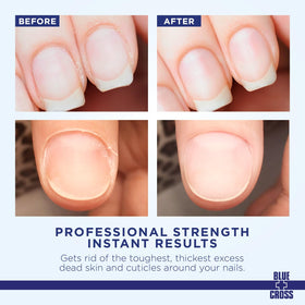 Blue Cross close-up of thin milky liquid texture that softens cuticles fast