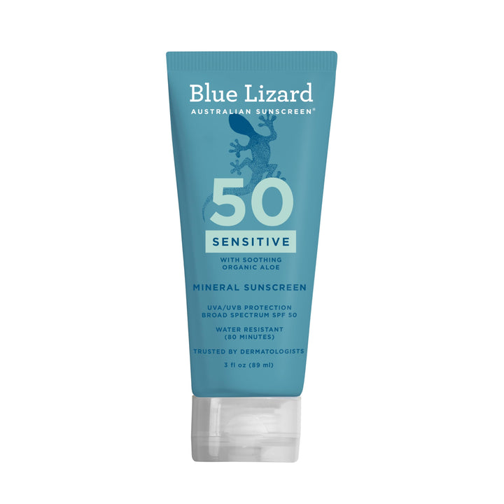 Blue Lizard front view of 3 oz tube showing SPF and sensitive formula benefit