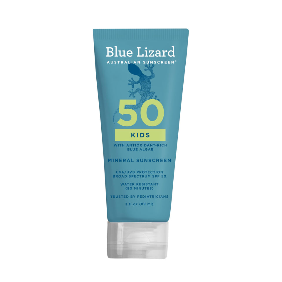 Blue Lizard front packaging showing SPF 50 and kid-friendly design benefit protection