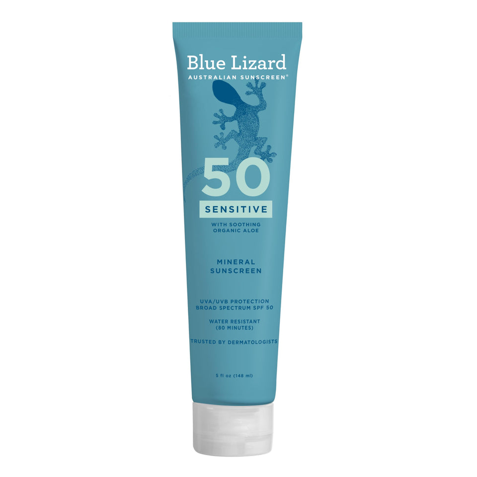 Blue Lizard front packaging showing SPF 50 protection and gentle formula