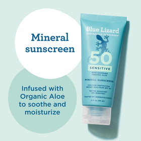 Blue Lizard product label and ingredient panel highlighting zinc oxide benefit
