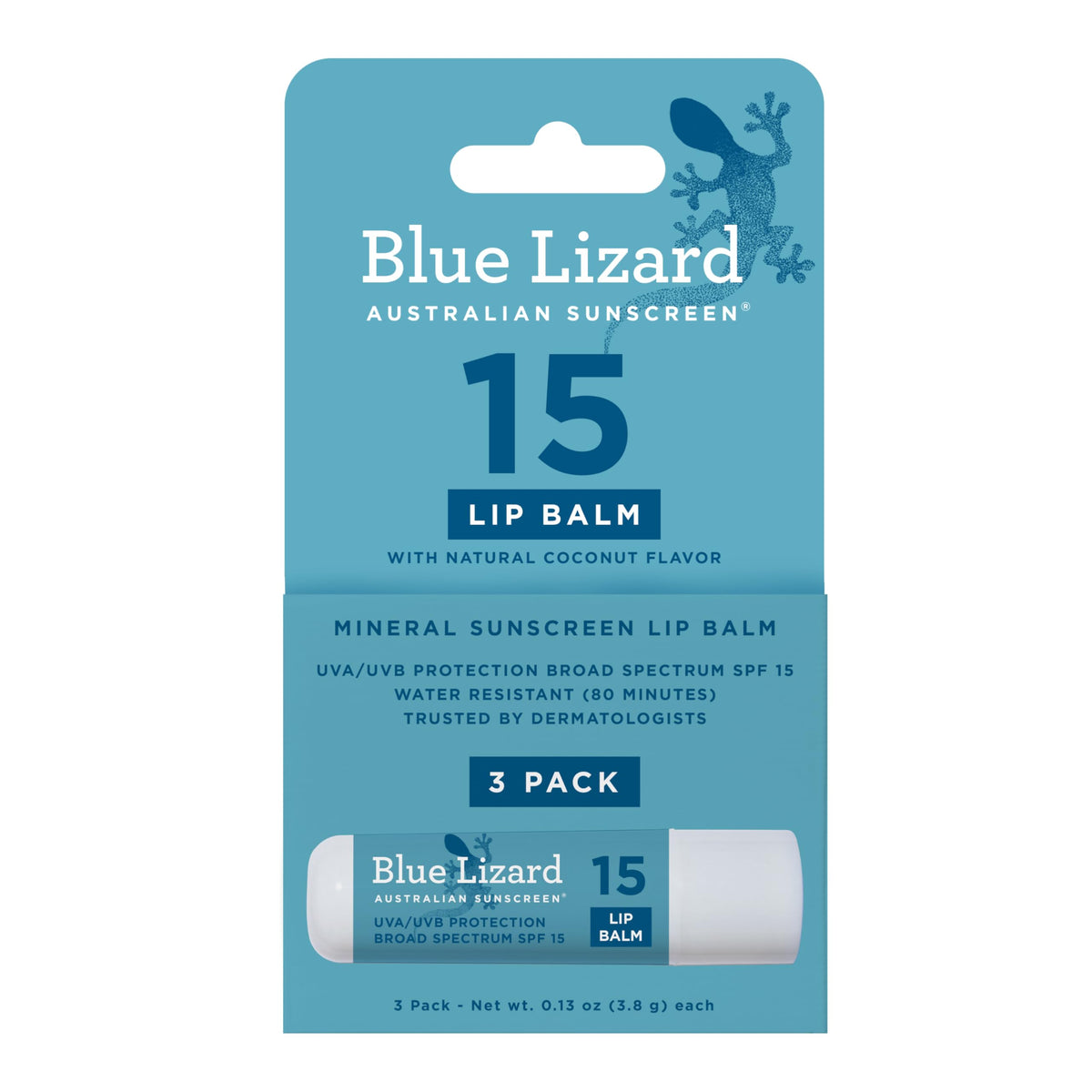 Blue Lizard front packaging showing three tubes and SPF 15 protection benefit