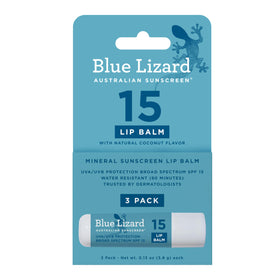 Blue Lizard front packaging showing three tubes and SPF 15 protection benefit