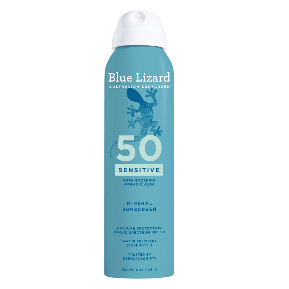 Blue Lizard front packaging showing SPF 50 protection and travel-ready size