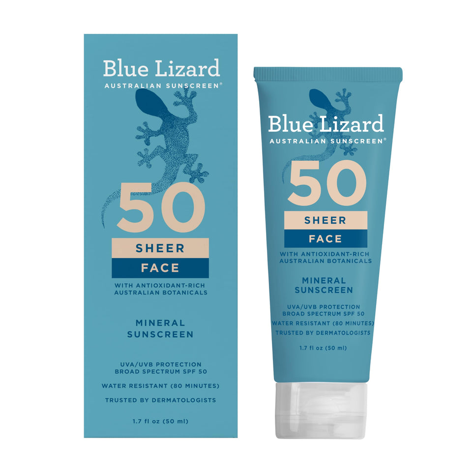 Blue Lizard front packaging showing SPF50 protection and travel size benefits