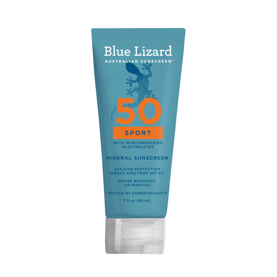Blue Lizard front packaging showing SPF 50 and travel size benefit