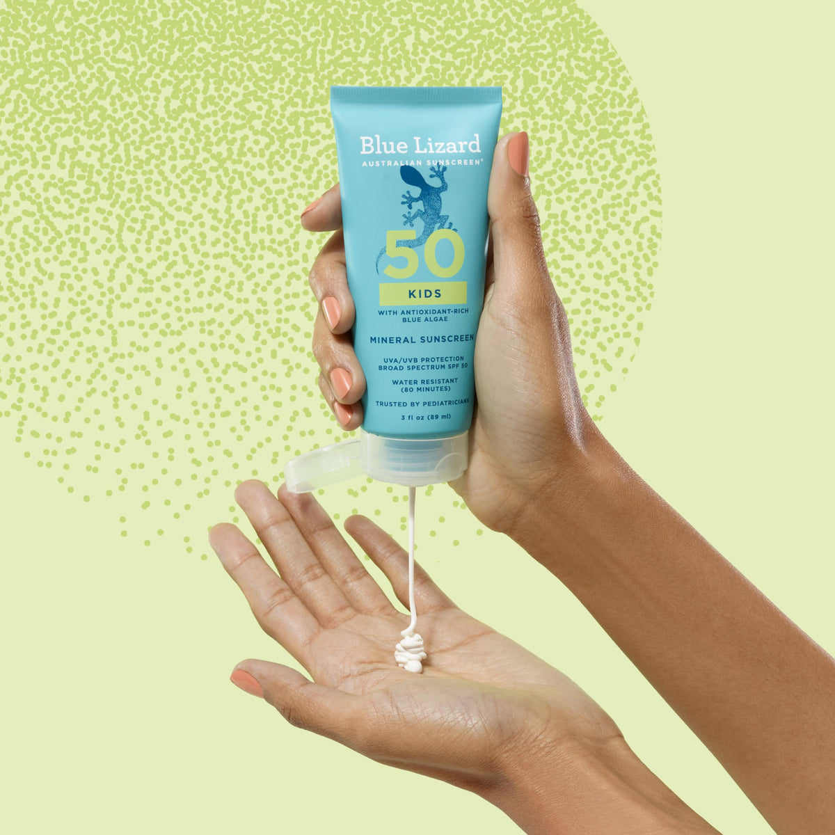 Blue Lizard on a towel by swimmers illustrating up to 80 minutes water-resistant protection