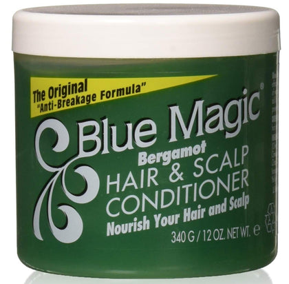 Blue Magic front label showing bergamot conditioner for smooth manageable hair