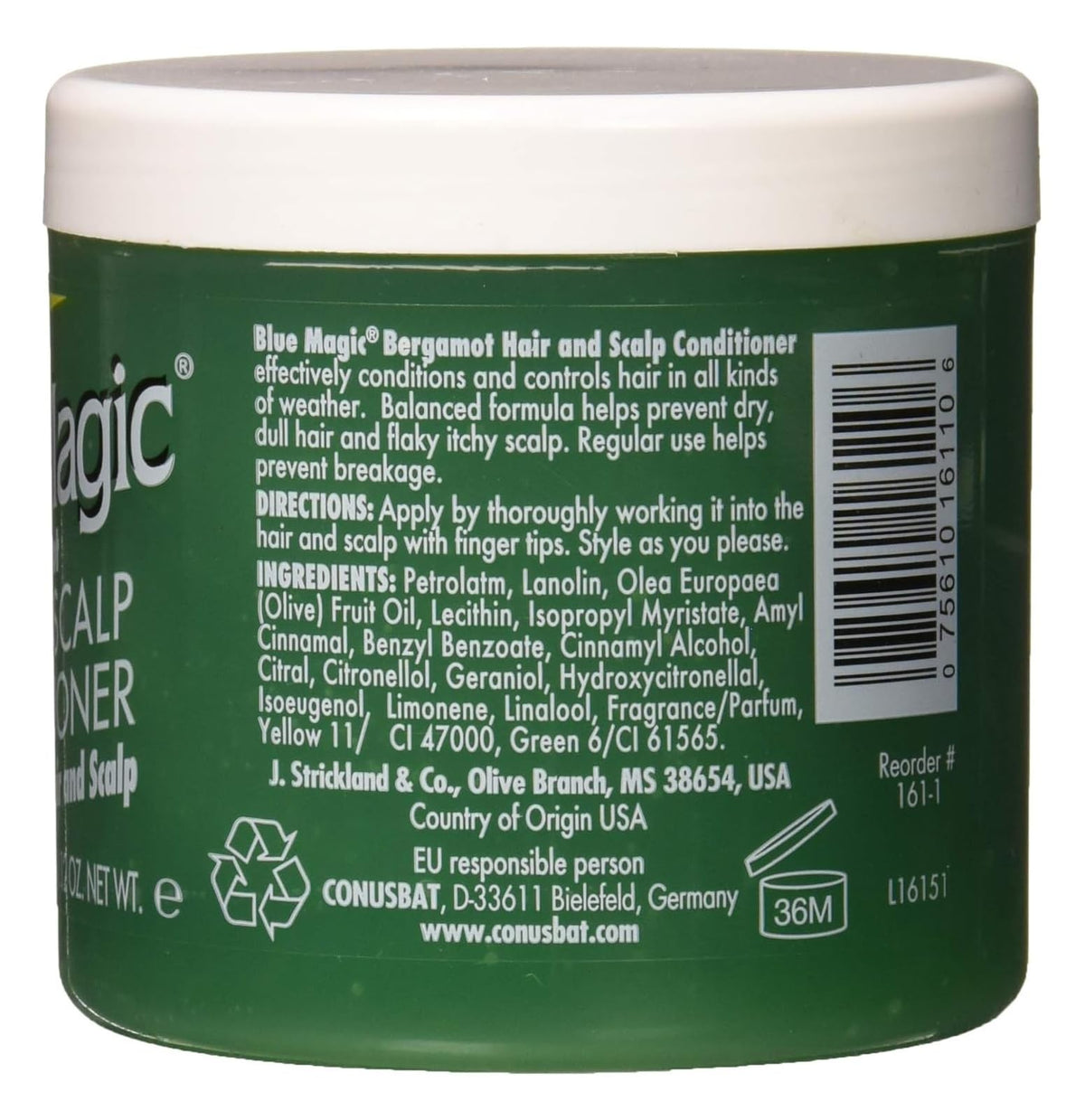 Blue Magic conditioner held in hand to show 12 oz scale for travel convenience
