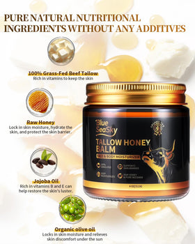 Blue Sea Sky ingredients display with raw honey and tallow showing natural nourishment