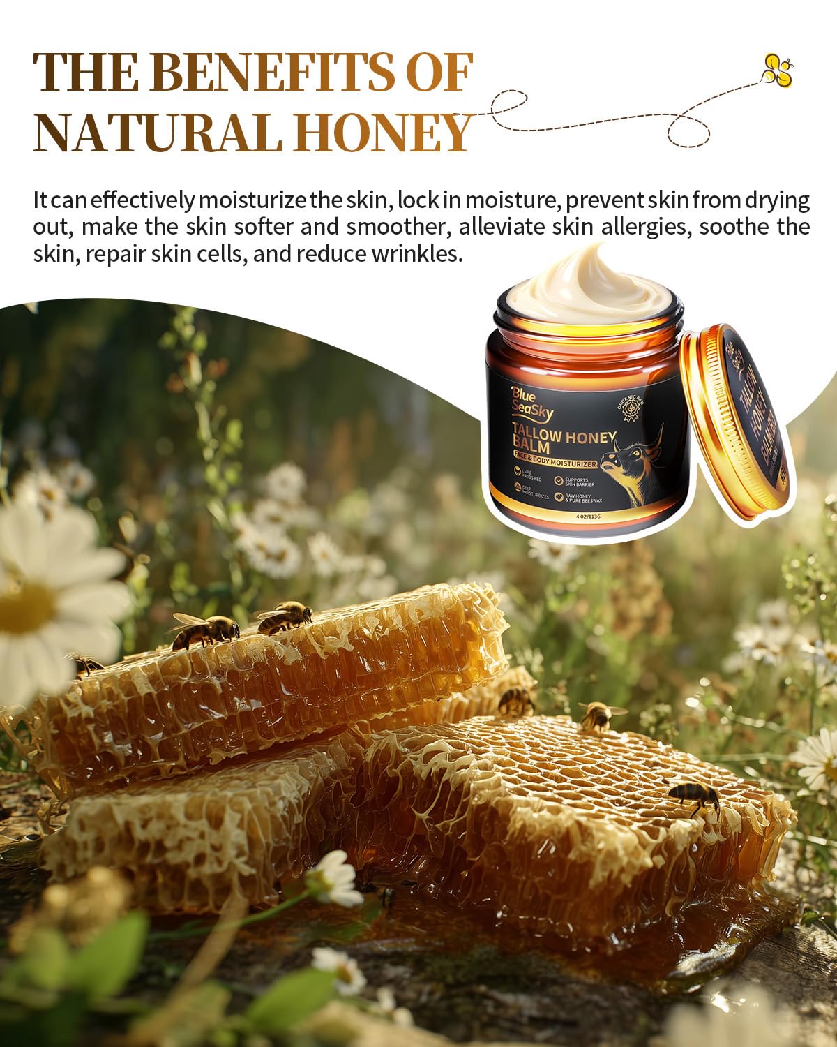 Blue Sea Sky label detail nutrient callouts emphasizing vitamins and soothing benefits