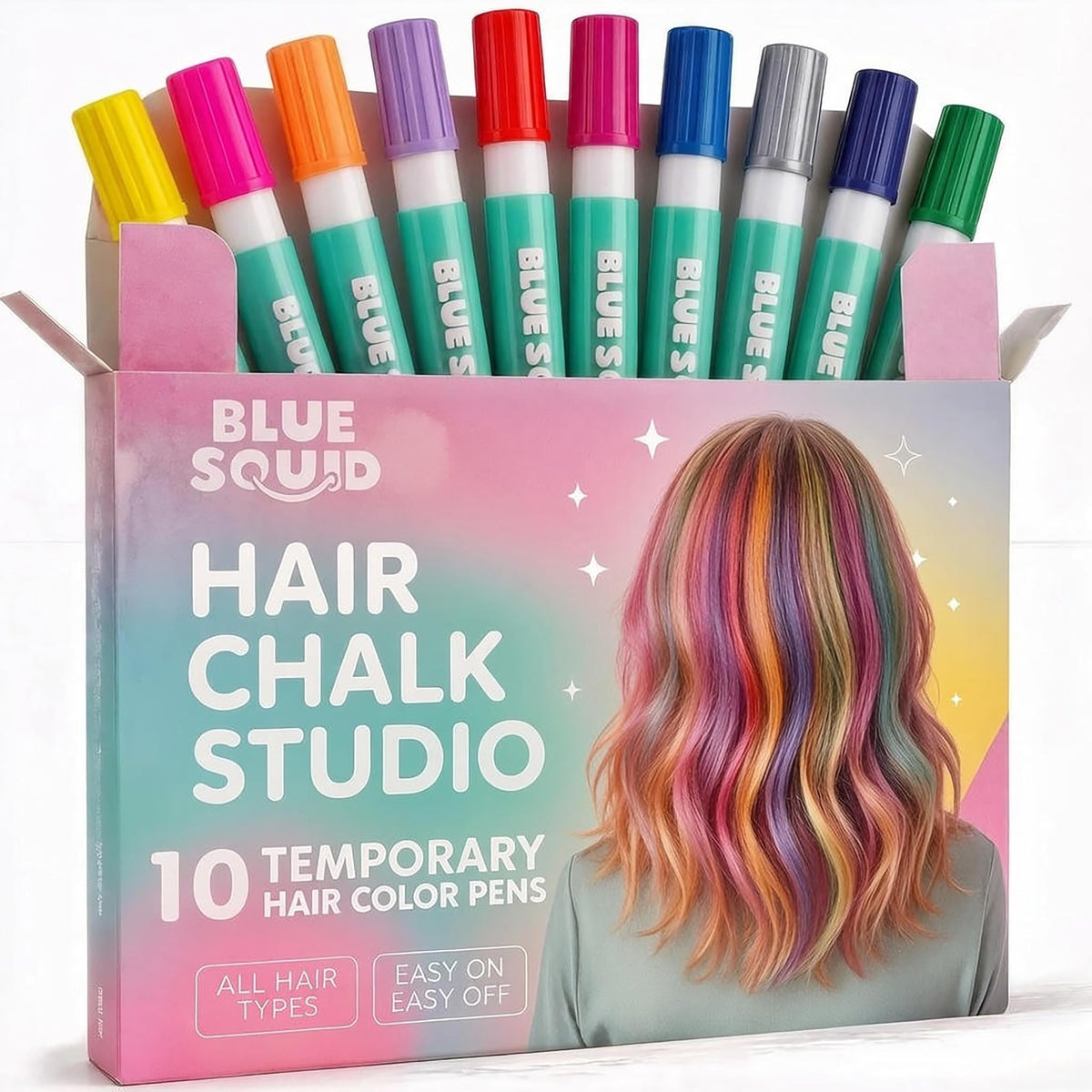 Blue Squid front packaging showing ten colorful hair chalk pens and benefits