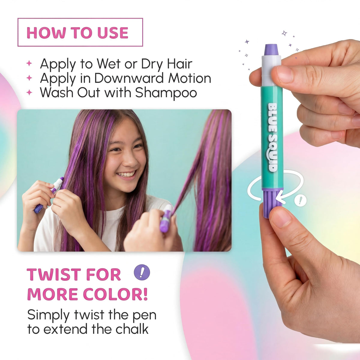 Blue Squid pen in use on hair creating bright streaks quickly and neatly