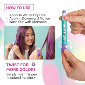 Blue Squid pen in use on hair creating bright streaks quickly and neatly