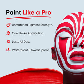 Blue Squid finished full-face cosplay makeup showing vivid red coverage and camera-ready finish