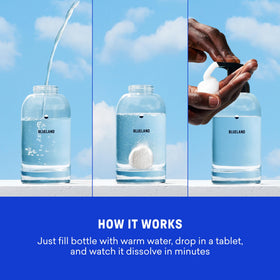 BLUELAND pump close-up highlighting easy foaming action and durable metal finish