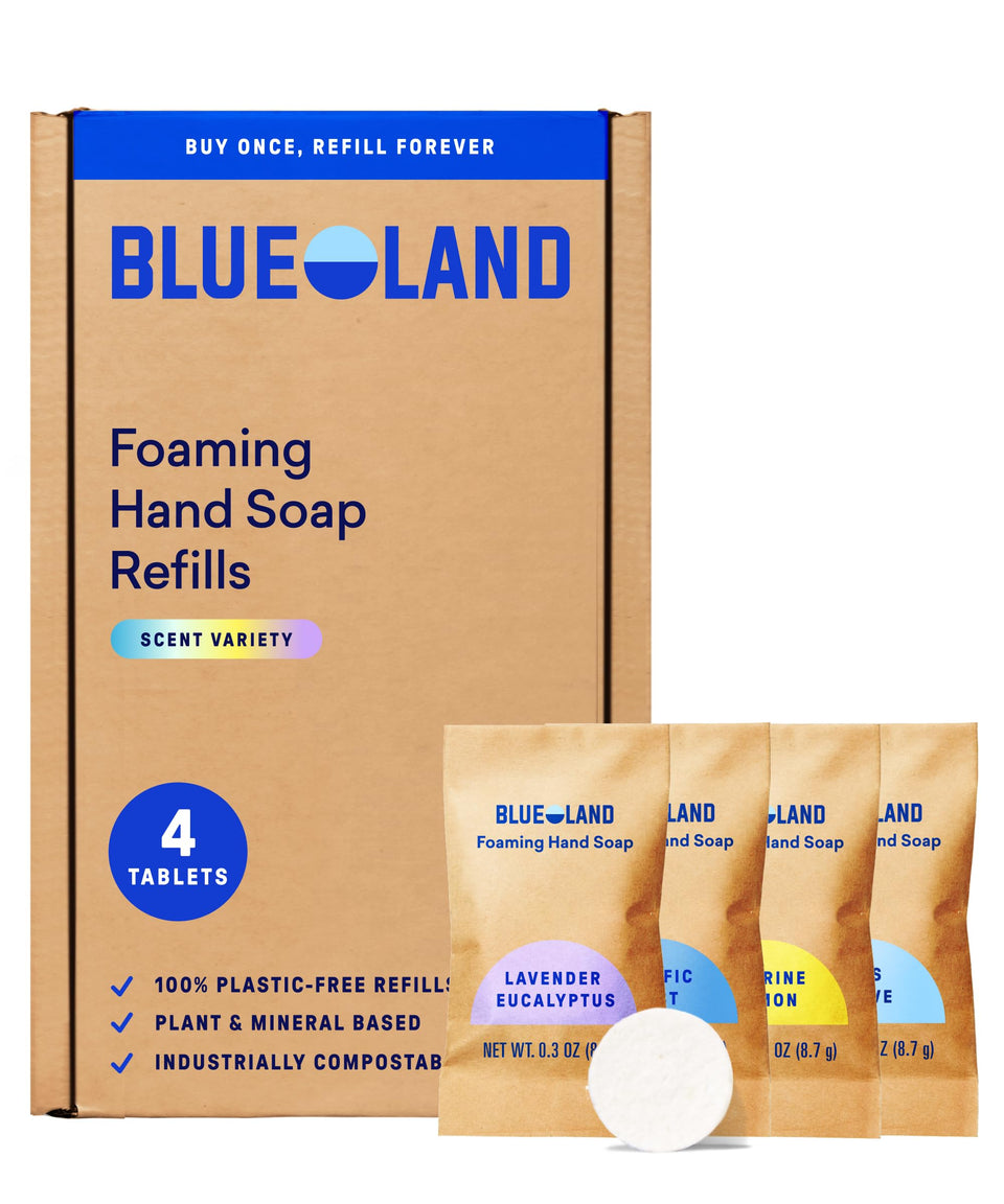 BLUELAND Forever Bottle front view showing reusable glass and pump benefit