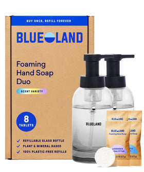 BLUELAND Forever Bottle front view showing sleek glass dispenser and eco benefit