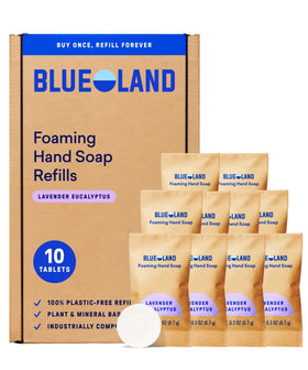 BLUELAND Forever Bottle front view showing reusable glass and pump, promotes reduced plastic