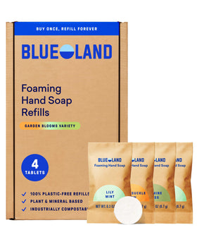 BLUELAND pack front view showing Garden Blooms tablets and packaging, eco benefit