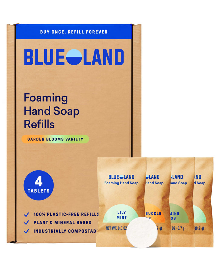 BLUELAND pack front view showing Garden Blooms tablets and packaging, eco benefit