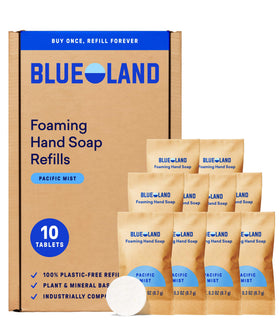 BLUELAND box of Pacific Mist tablets showing compact packaging and waste reduction benefit