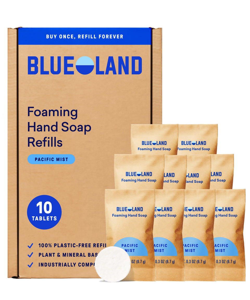 BLUELAND box of Pacific Mist tablets showing compact packaging and waste reduction benefit