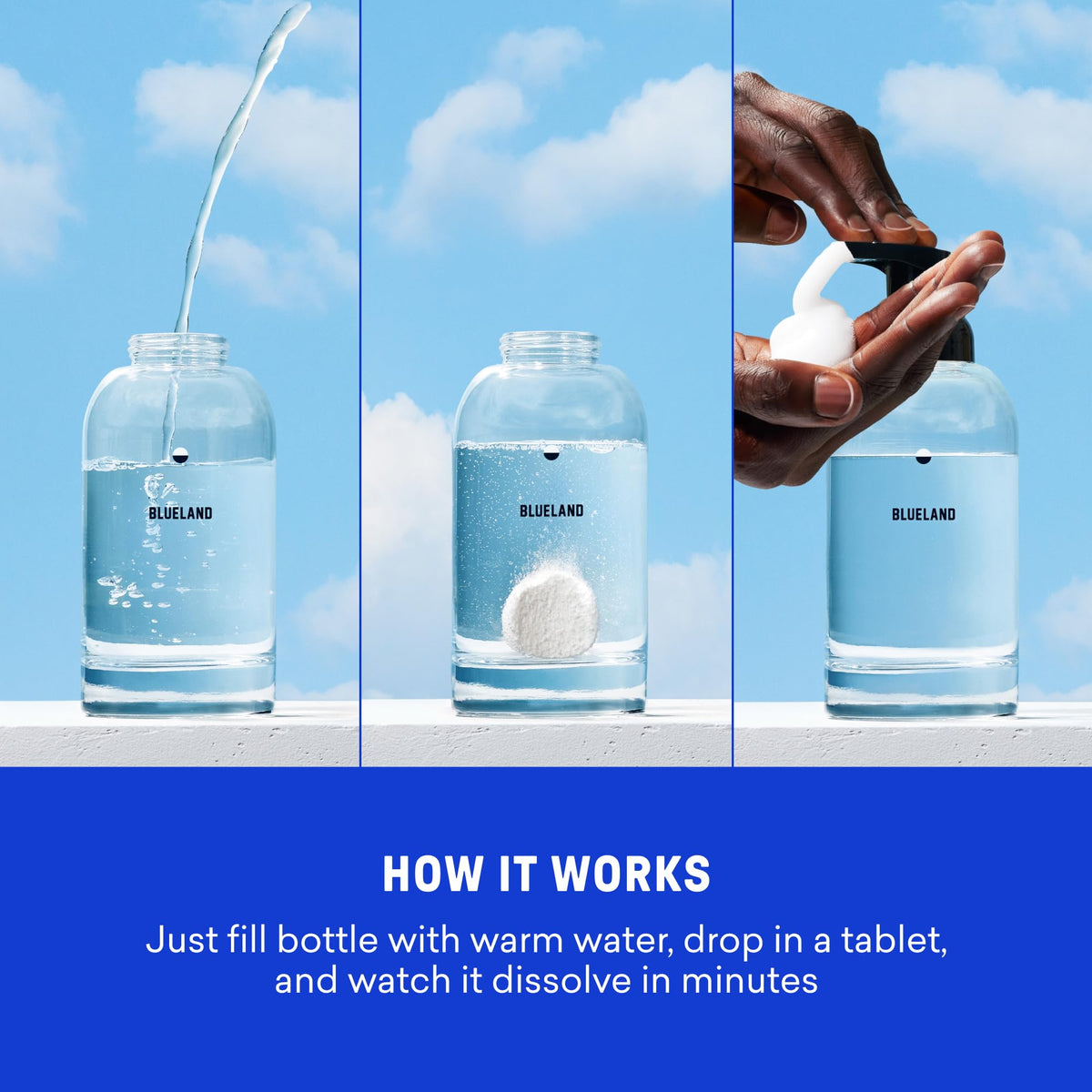 BLUELAND tablet close-up texture highlighting dissolvable, plastic-free formula
