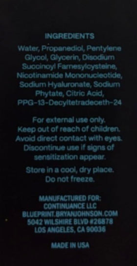 Blueprint Bryan Johnson serum on bathroom counter as part of routine