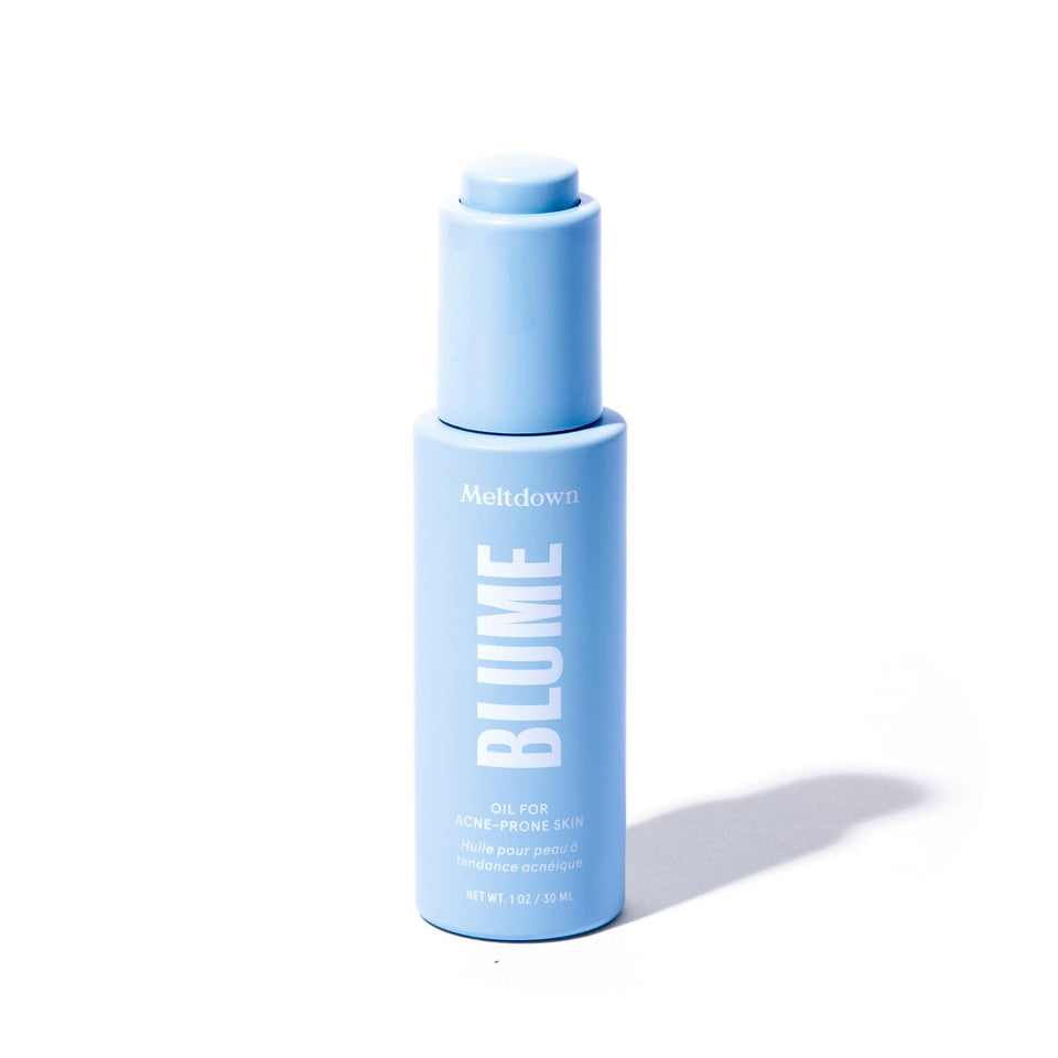 Blume Meltdown front bottle showing compact one-ounce size and blue oil benefit