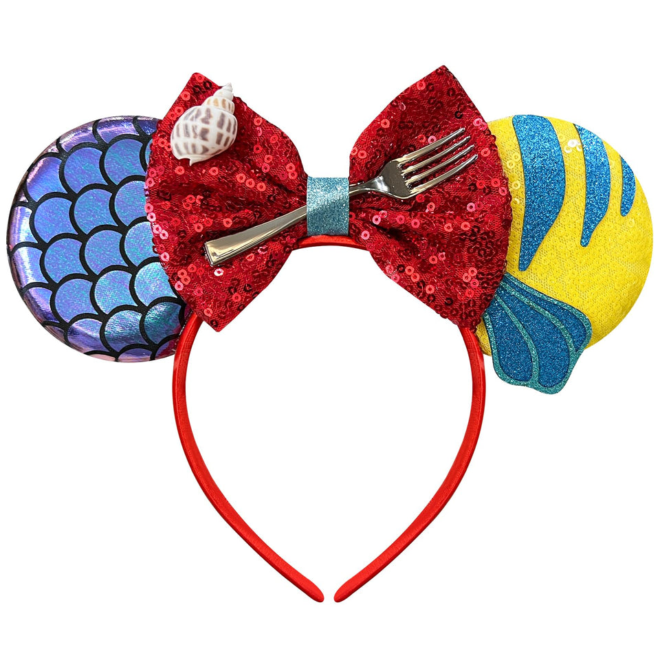 Bmobuo front view mermaid mouse ears headband shown on mannequin, stylish park-ready accessory