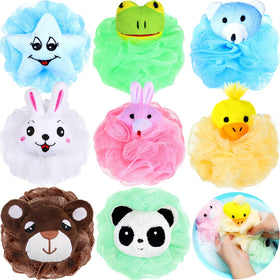 Boao front pack showing eight colorful animal loofahs for fun baths