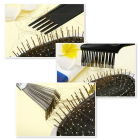 Boao metal rake and brush in use removing hair from a paddle brush for restored performance