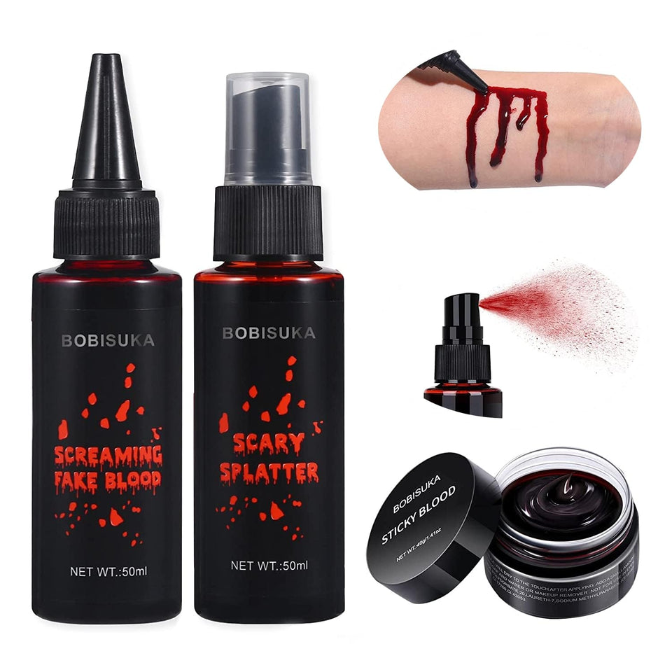 BOBISUKA front packaging showing three fake blood bottles and clear labels for easy selection