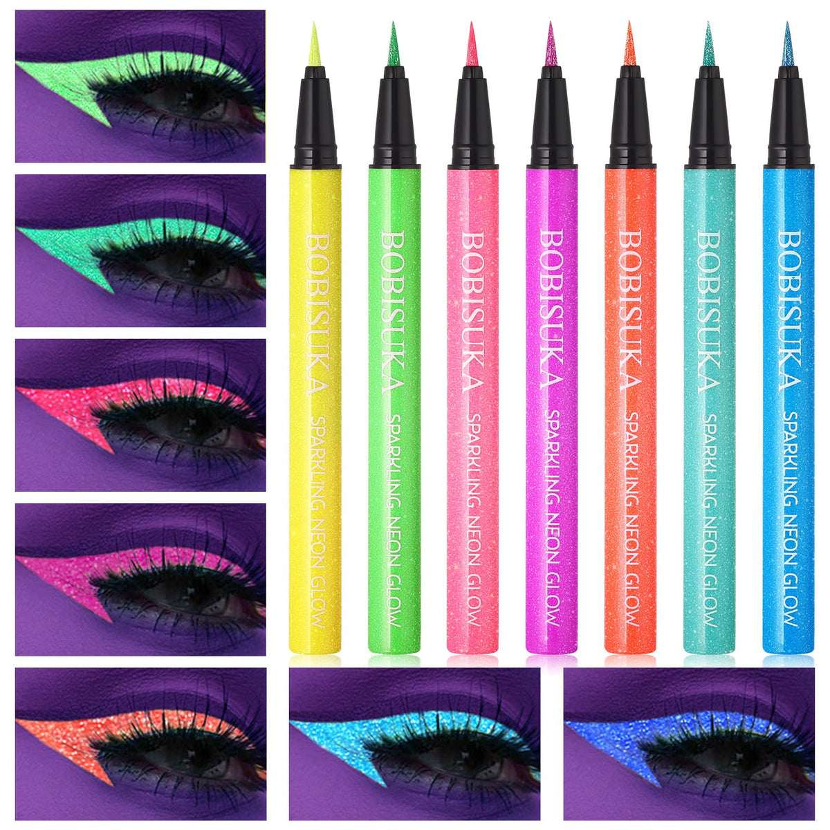 BOBISUKA front packaging showing seven neon glitter eyeliners and benefits