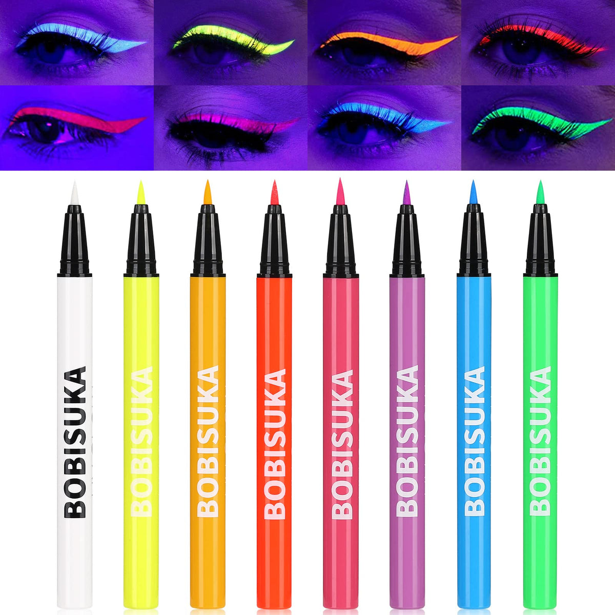 BOBISUKA front packaging showing eight colorful neon eyeliner pens and benefits