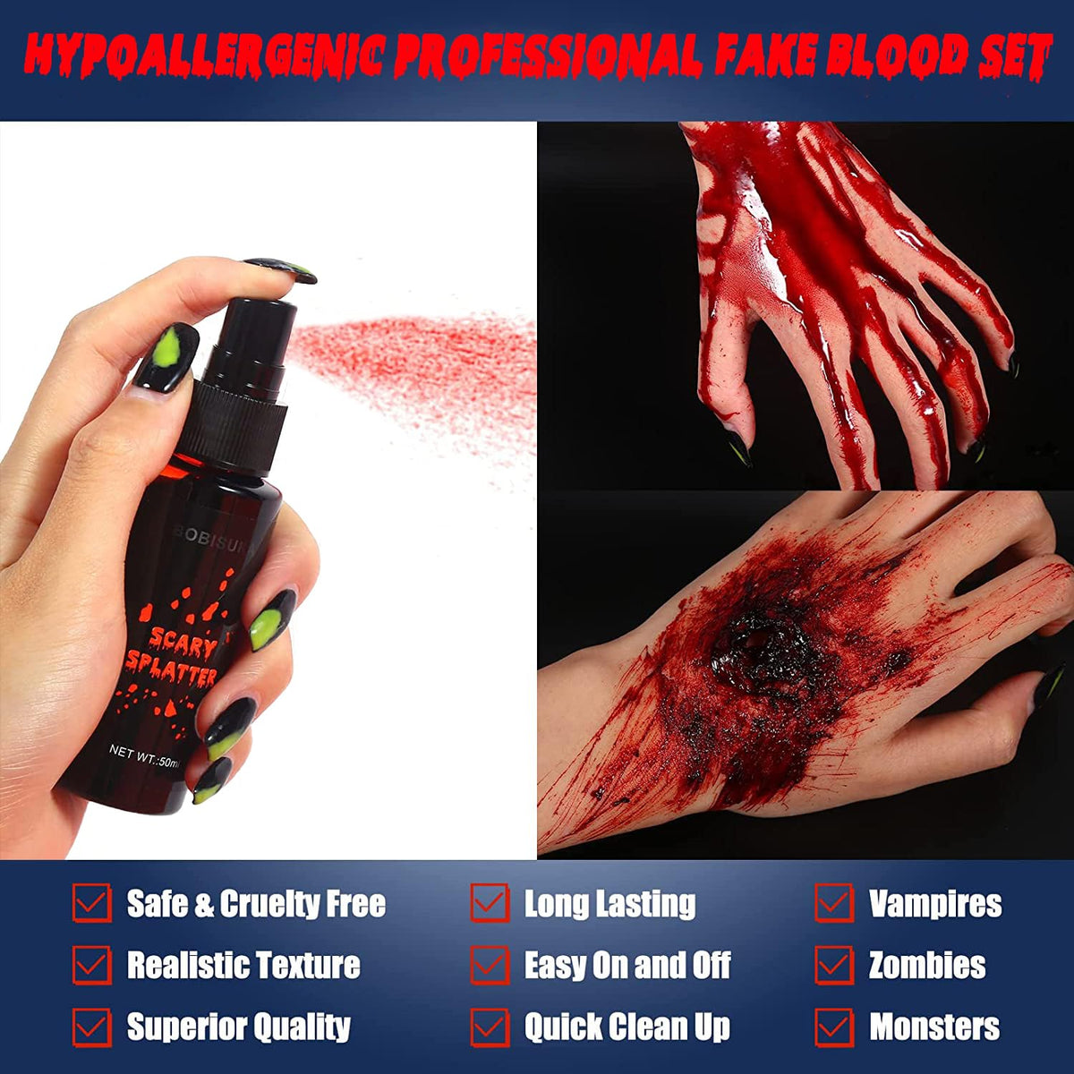 BOBISUKA spray bottle in use creating authentic splatter effects for dramatic makeup